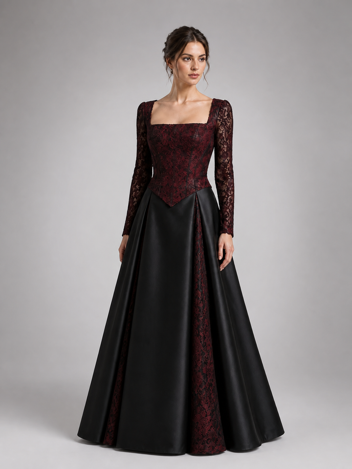 Marguerite Black-and-Burgundy Lace Ball Gown – view 2
