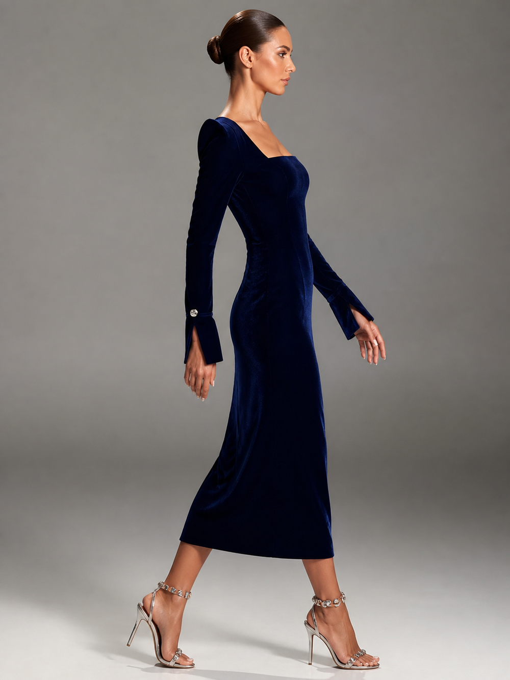 Nadine Navy Velvet Square-Neck Midi Dress – view 2