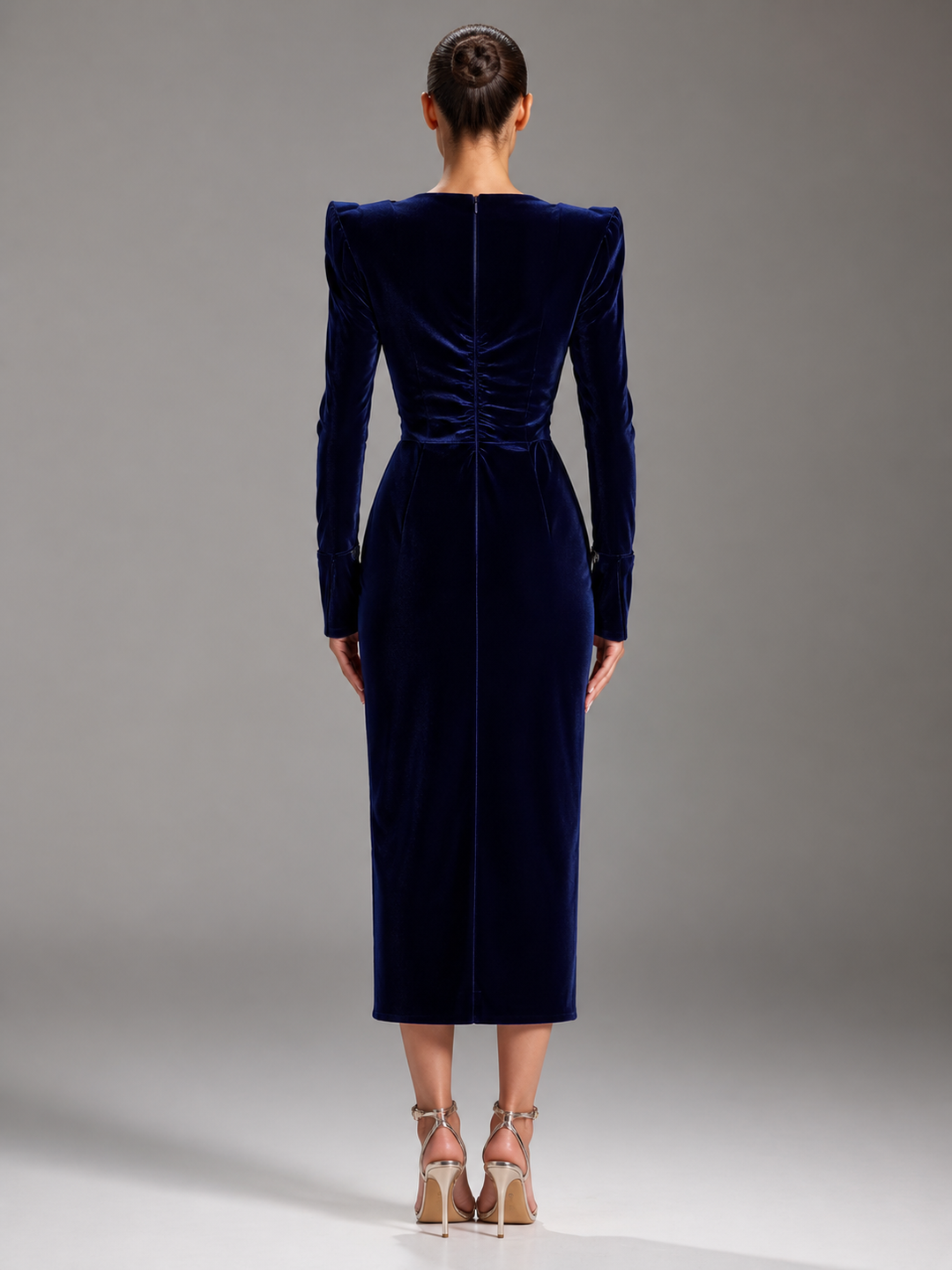 Nadine Navy Velvet Square-Neck Midi Dress – view 3