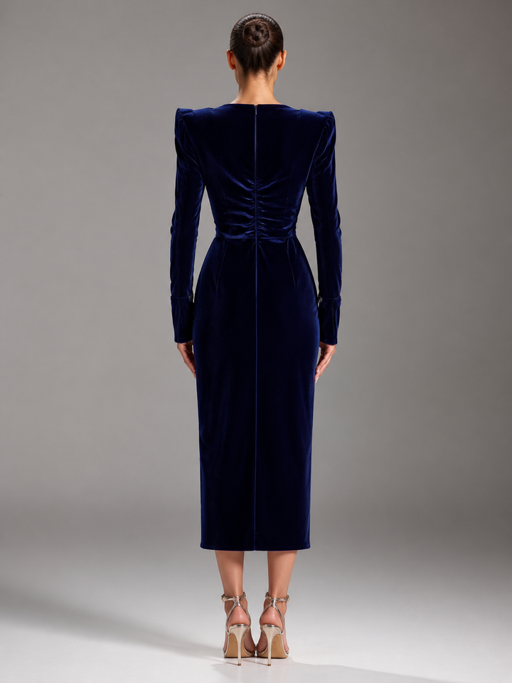 Nadine Navy Velvet Square-Neck Midi Dress – view 3