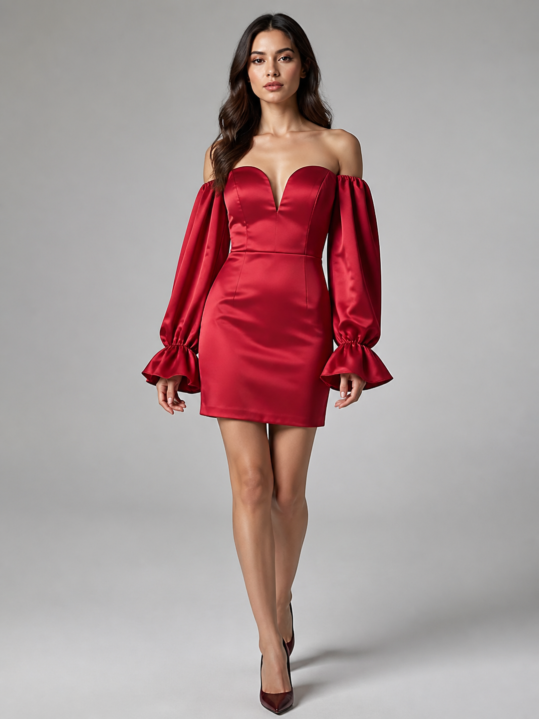 Colette Red Satin Puff-Sleeve Mini Dress – view 1