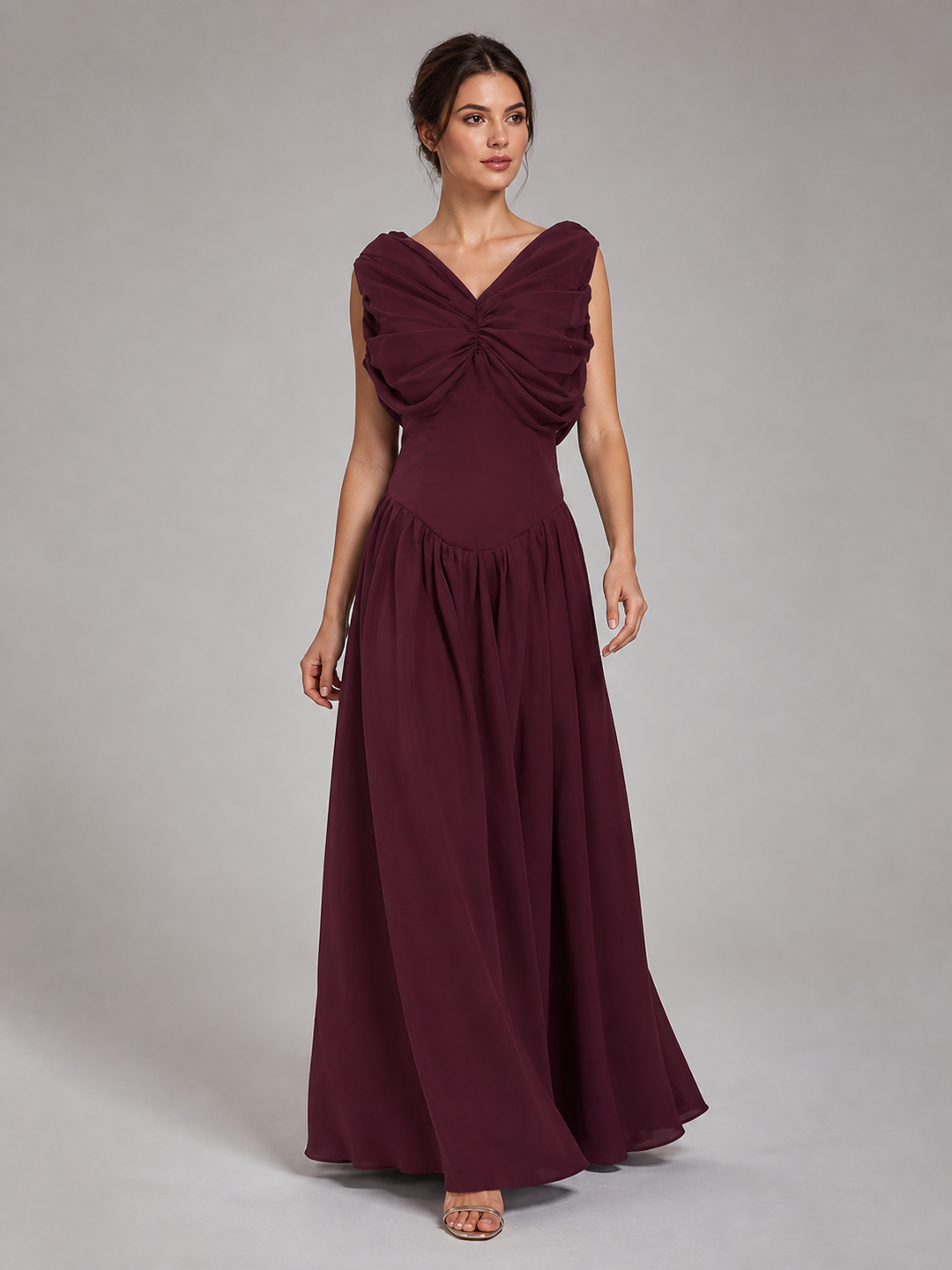 Rosalie Burgundy Pleated V-Neck Gown – view 1
