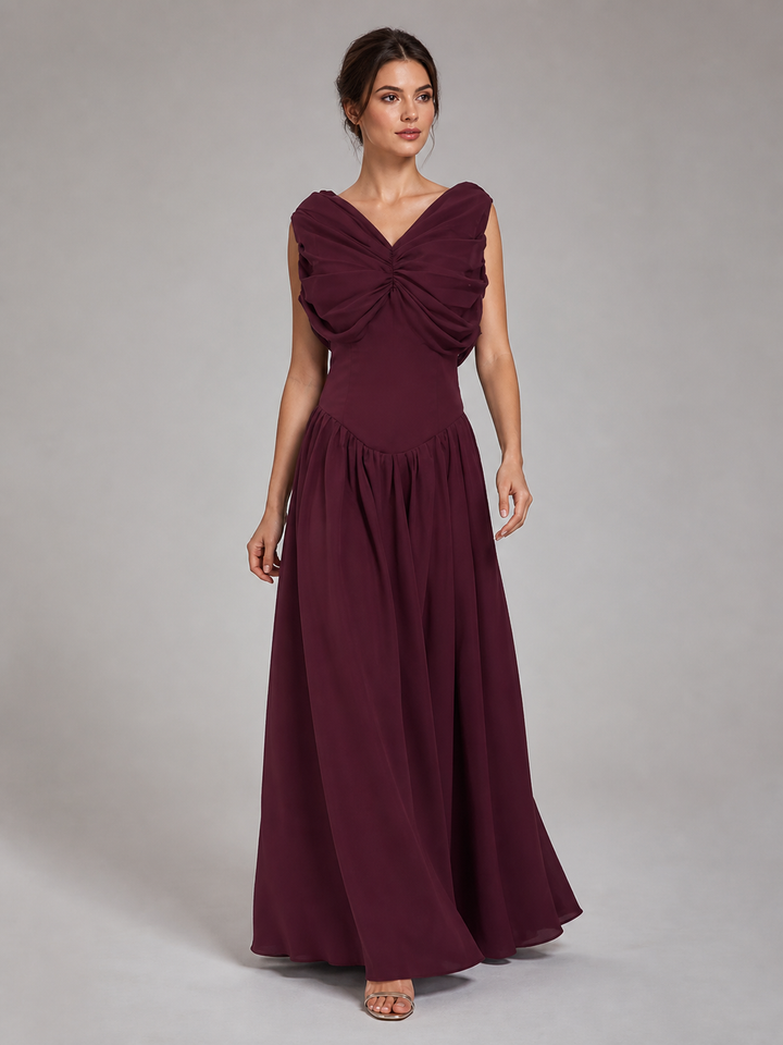 Rosalie Burgundy Pleated V-Neck Gown – view 1