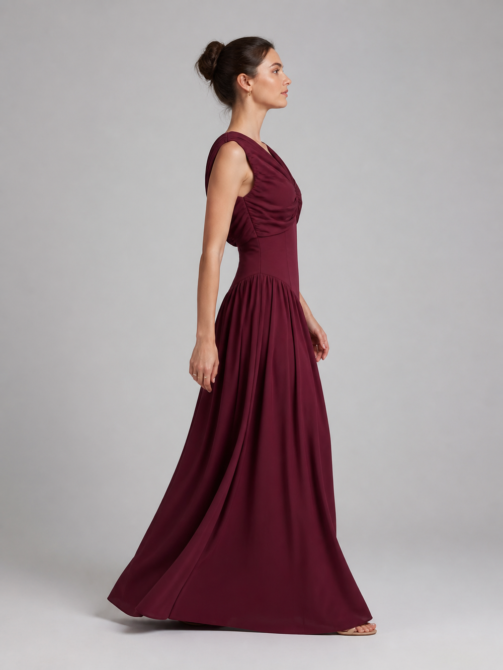 Rosalie Burgundy Pleated V-Neck Gown – view 2