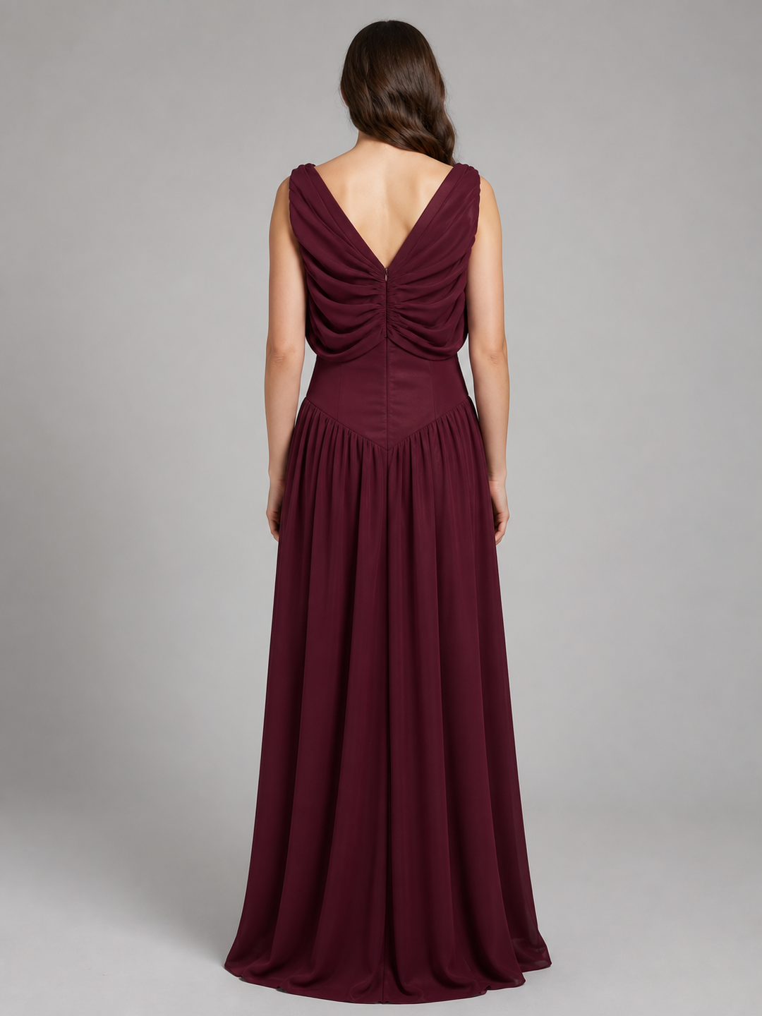 Rosalie Burgundy Pleated V-Neck Gown – view 3