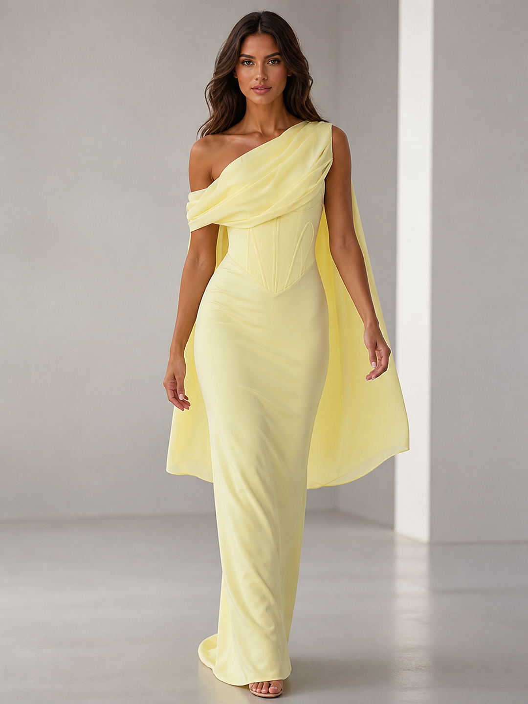 Solene Lemon-Yellow Asymmetric Cape Gown – view 1