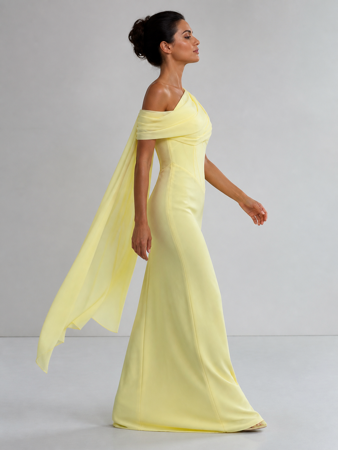 Solene Lemon-Yellow Asymmetric Cape Gown – view 2