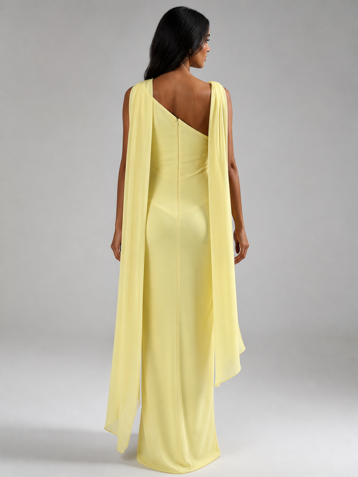 Solene Lemon-Yellow Asymmetric Cape Gown – view 3