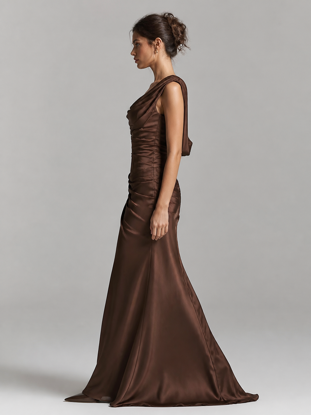 Monique Chocolate Draped Evening Gown – view 2