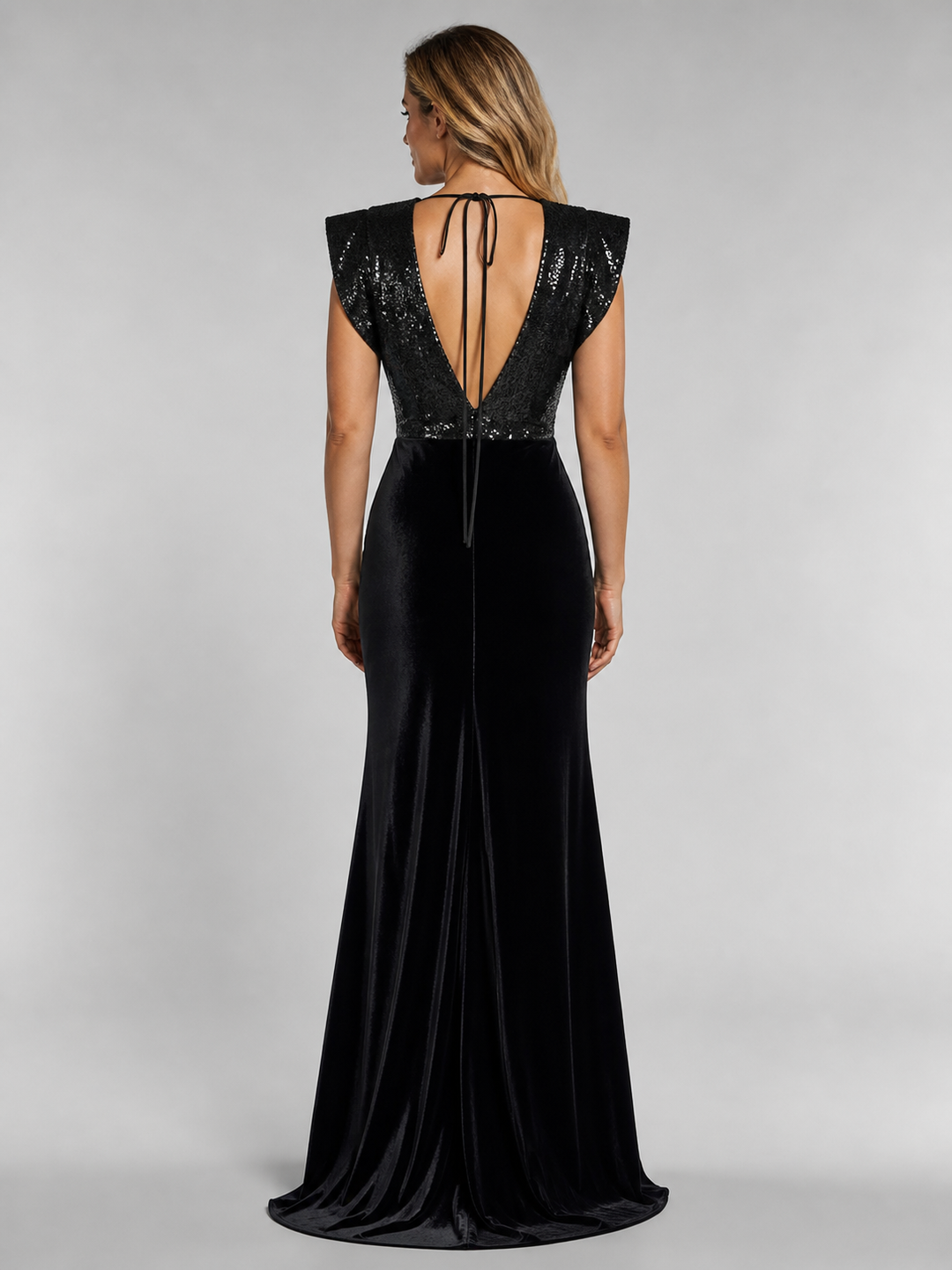 Noelle Black Velvet Sequin Slit Gown – view 3