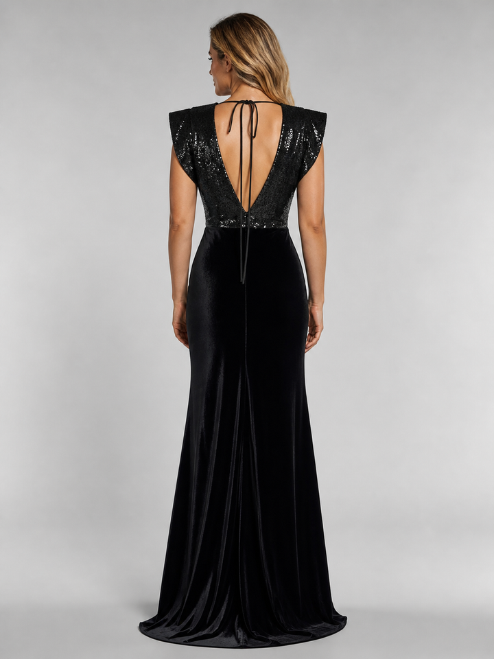 Noelle Black Velvet Sequin Slit Gown – view 3