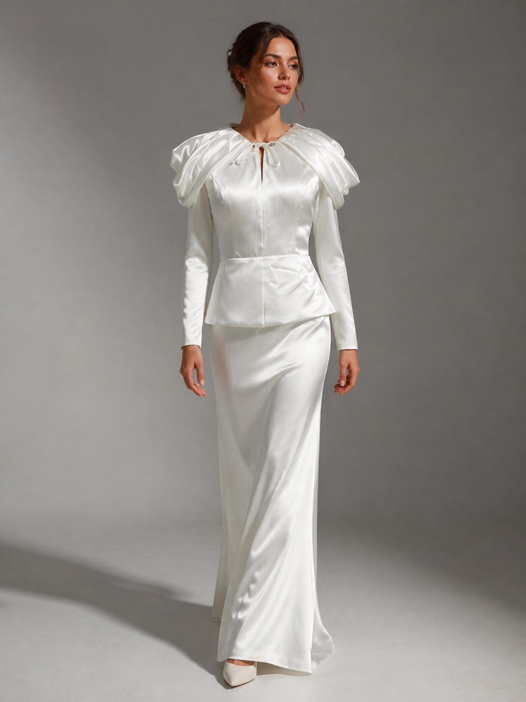 Elise Ivory Ruffle-Shoulder Column Gown – view 1