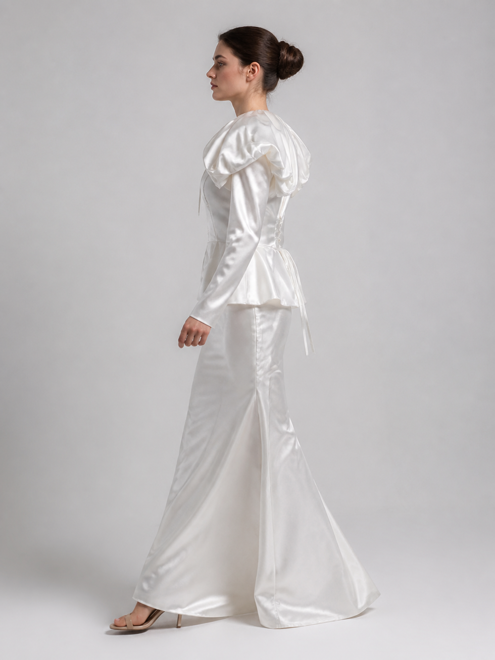 Elise Ivory Ruffle-Shoulder Column Gown – view 2