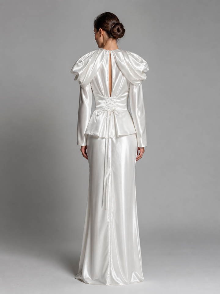 Elise Ivory Ruffle-Shoulder Column Gown – view 3