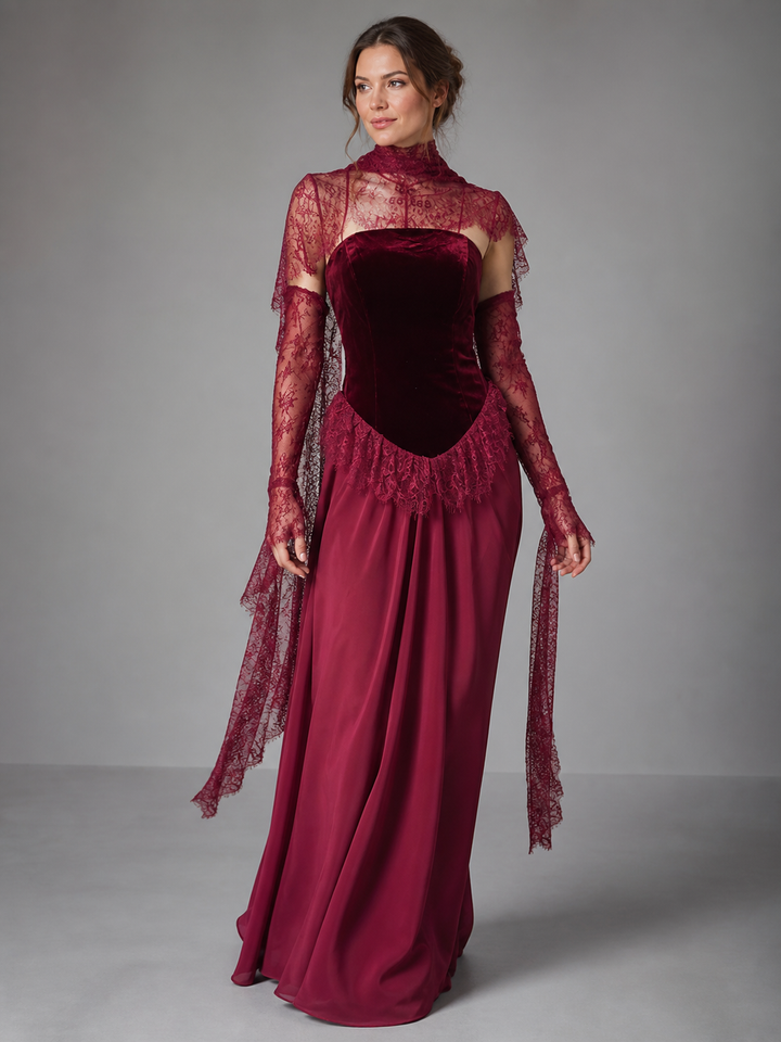 Vivienne Burgundy Velvet-Lace Cape Gown – view 1