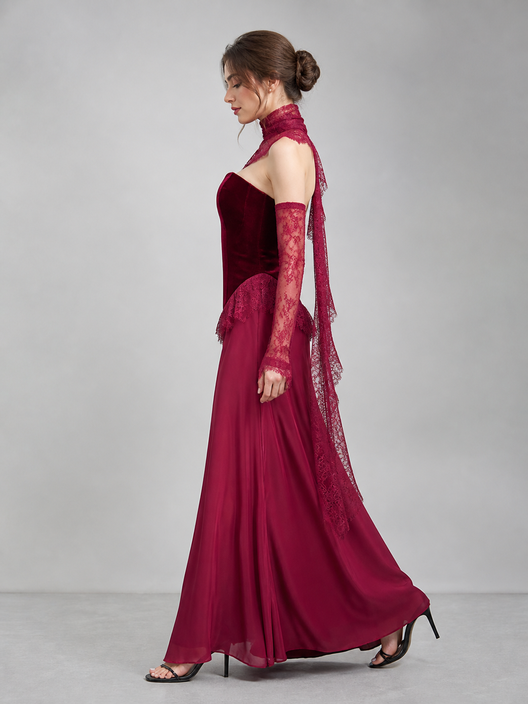 Vivienne Burgundy Velvet-Lace Cape Gown – view 2