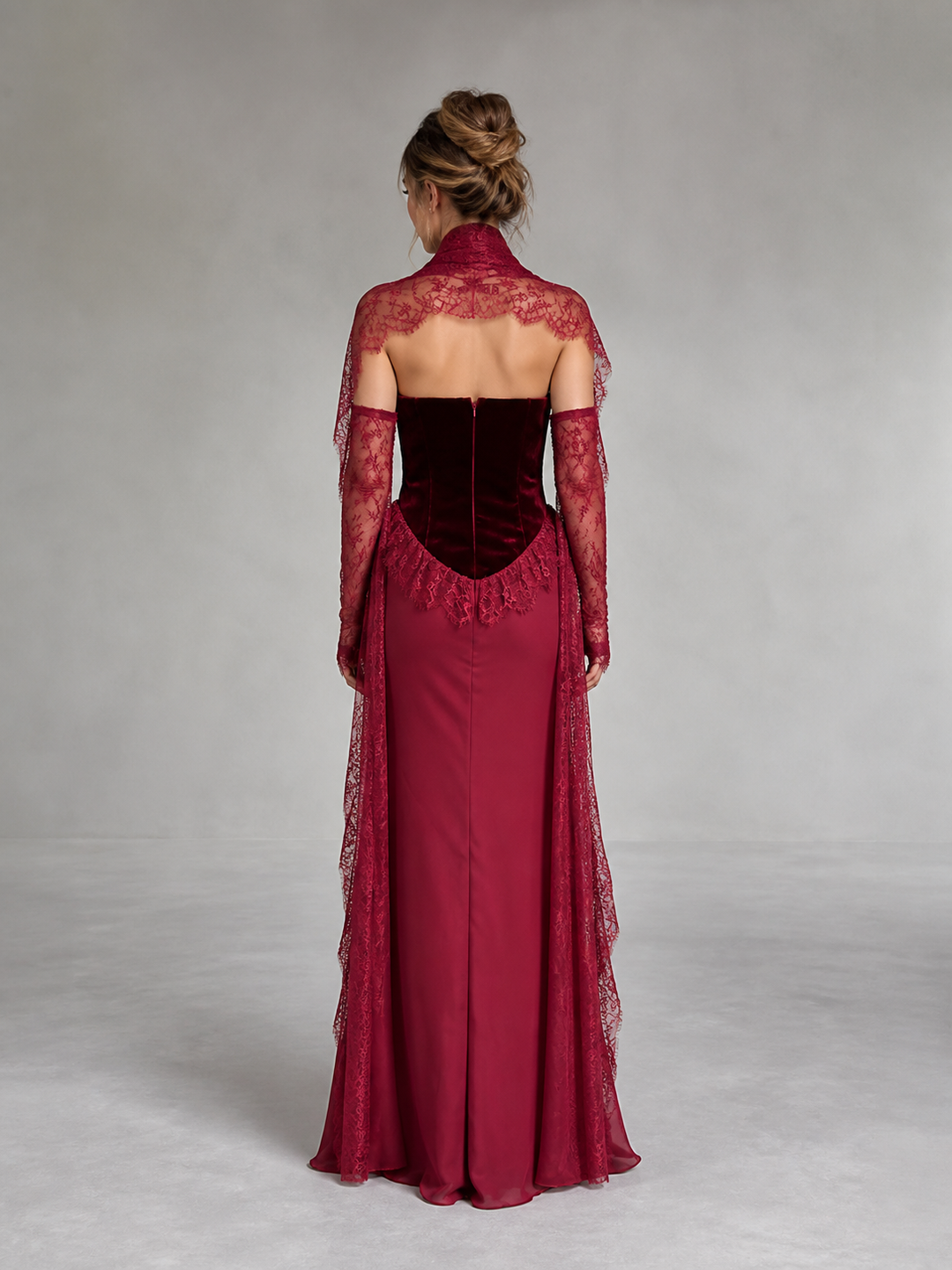 Vivienne Burgundy Velvet-Lace Cape Gown – view 3