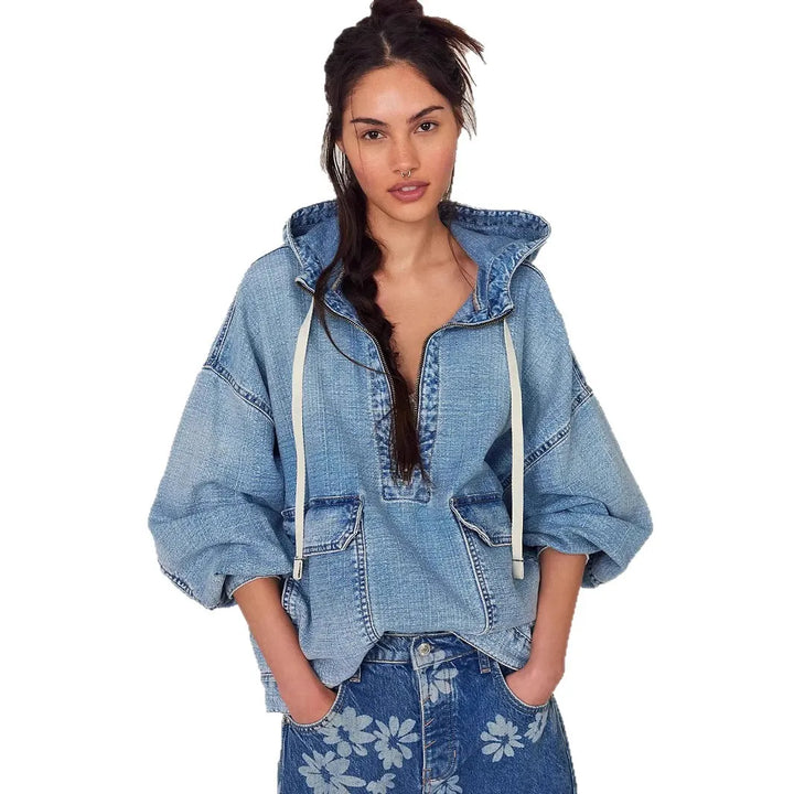 Stylish Relaxed-fit Washed Denim Long Sleeve Hoodie