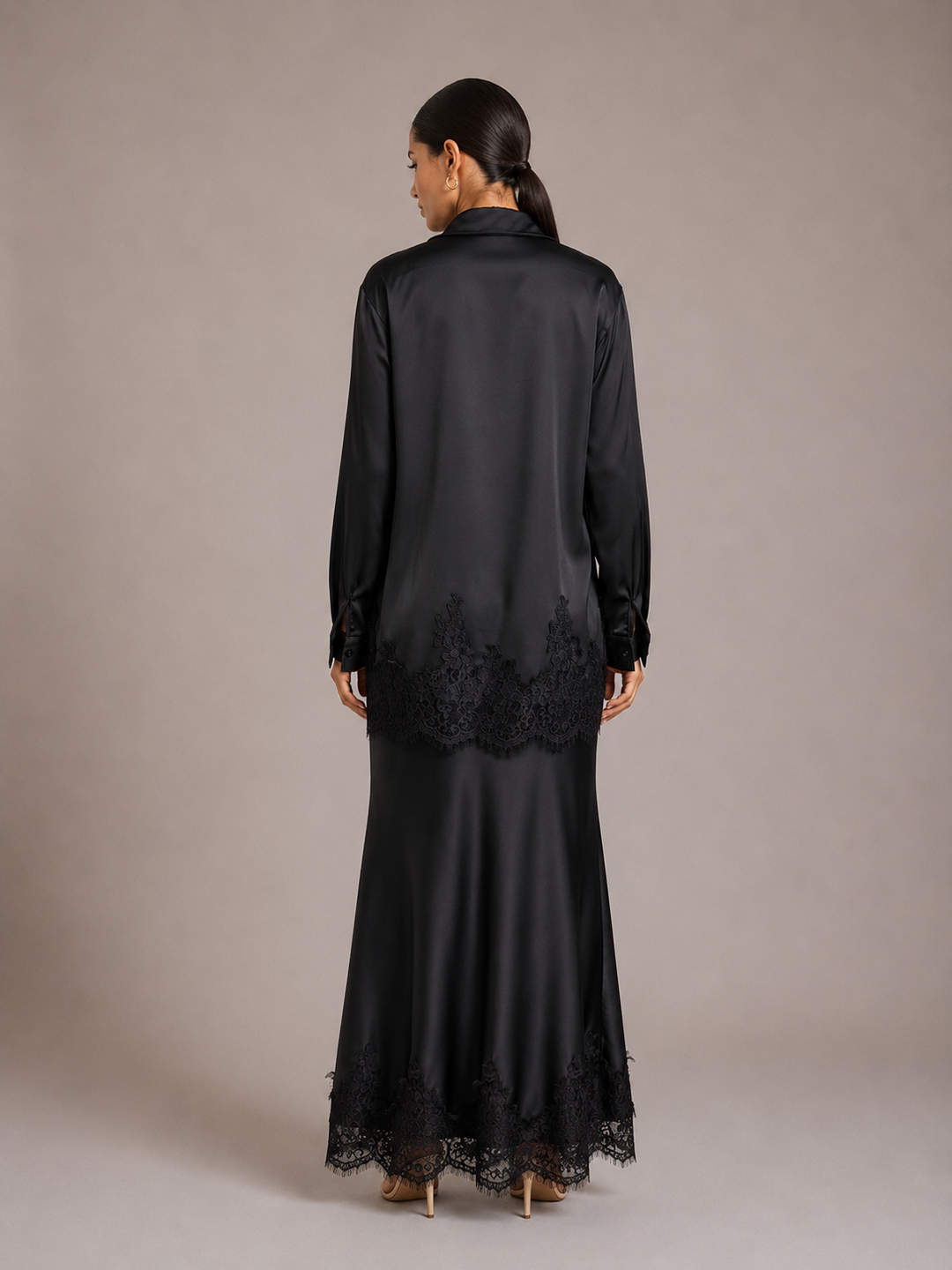 Gloss Satin Collared Lace Hem Shirt &amp; Maxi Skirt 2 Piece Matching Co-ord Set