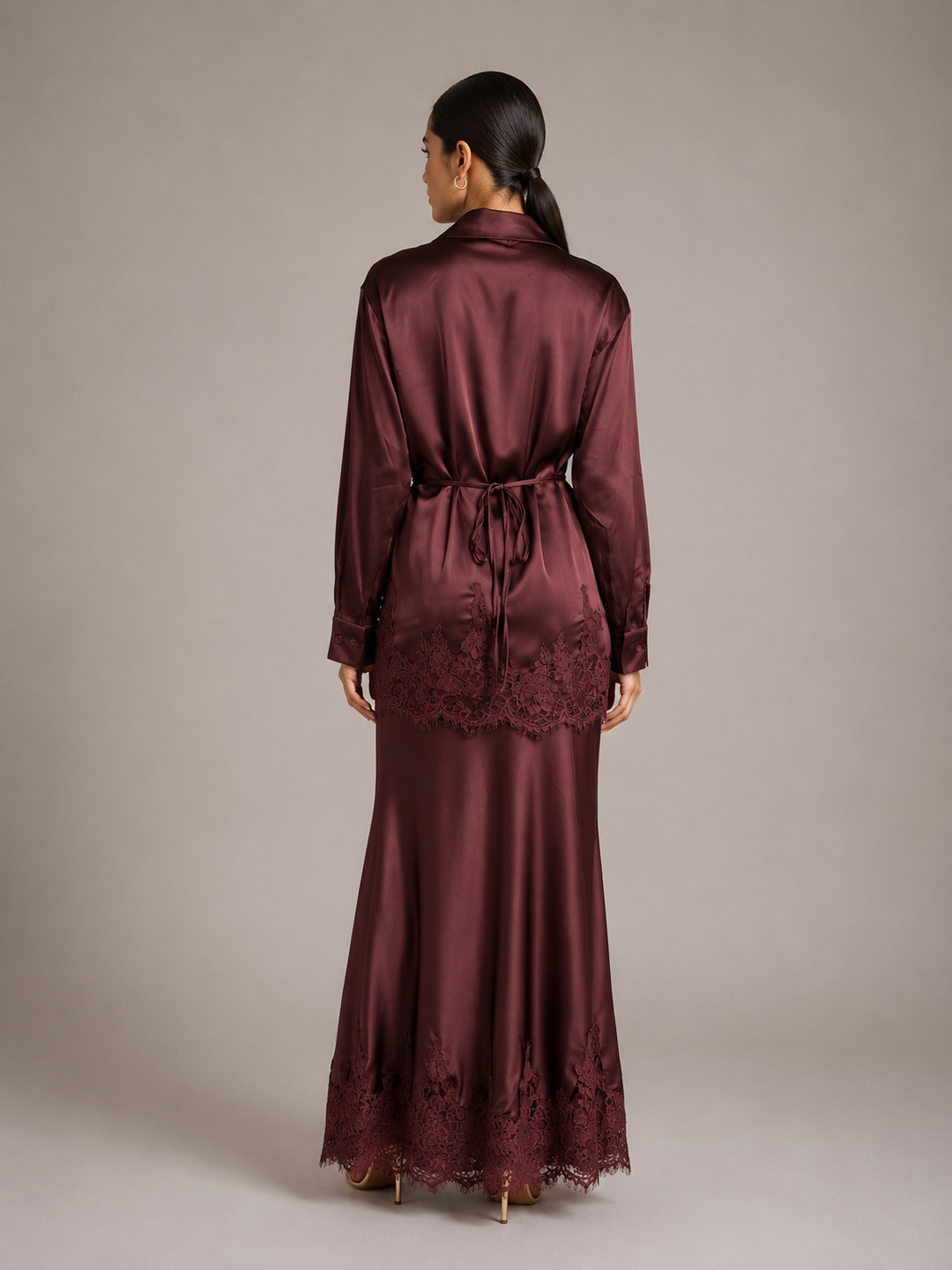Gloss Satin Collared Lace Hem Shirt &amp; Maxi Skirt 2 Piece Matching Co-ord Set