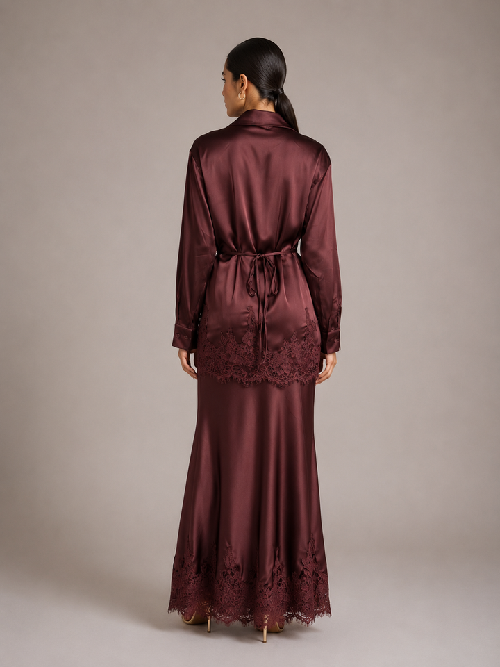 Gloss Satin Collared Lace Hem Shirt &amp; Maxi Skirt 2 Piece Matching Co-ord Set