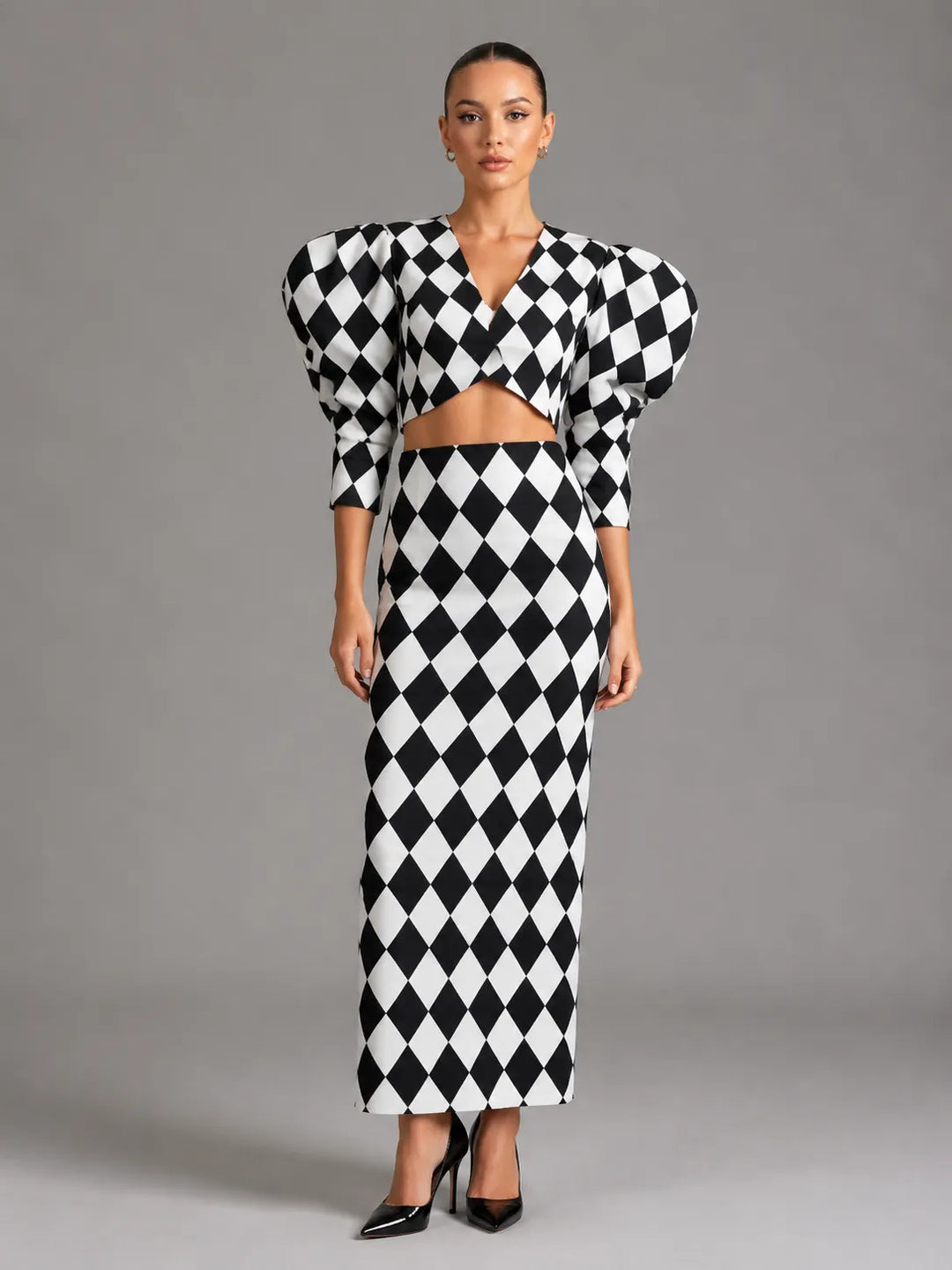 Diamond Check Puff Sleeve V-Neck Crop Top & High Waist Mermaid Maxi Skirt 2-Piece Co-Ord Set