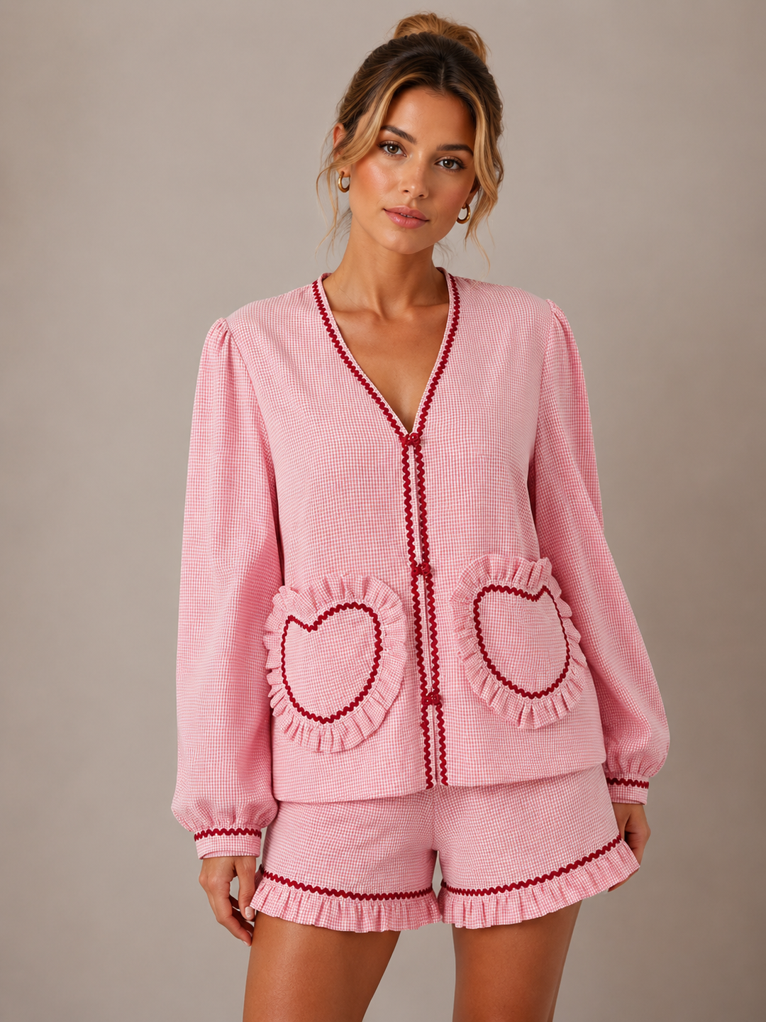 Breathable Two-piece Loungewear Set Long-sleeve Top And Shorts