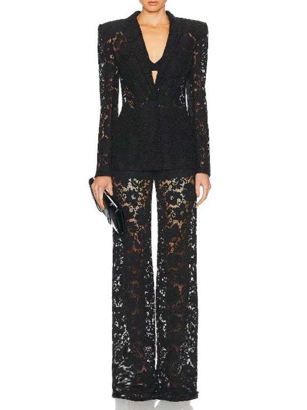 Floral Lace Single Button Blazer &amp; High Waist Wide Leg Pants 2-Piece Suit Set