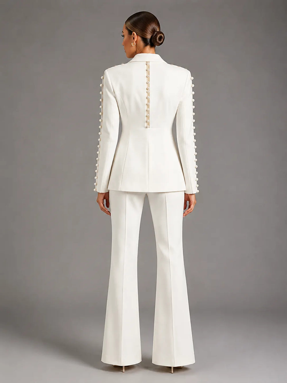 Pearl Embellished Peak Lapel Blazer & High Waist Full Flare Suit Trousers 2-Piece Set