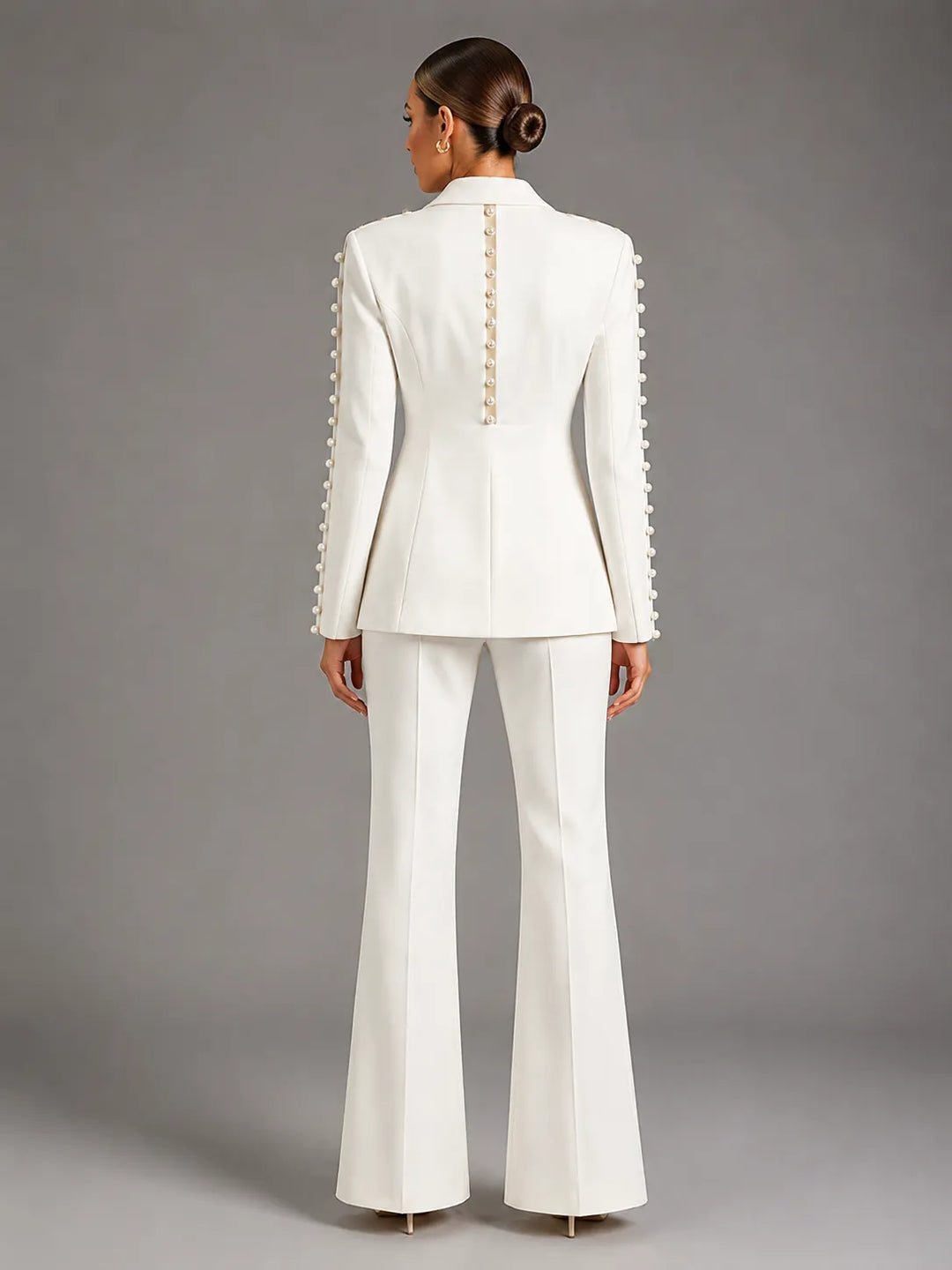Pearl Embellished Peak Lapel Blazer &amp; High Waist Full Flare Suit Trousers 2-Piece Set