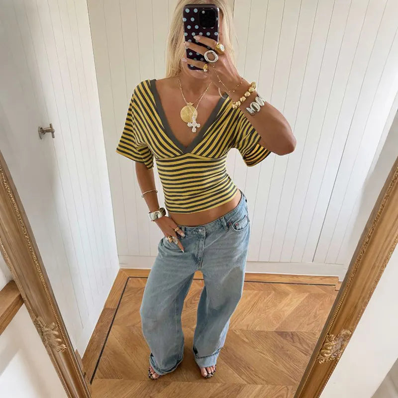 Cinched-waist Striped Print Trendy Off-shoulder Top