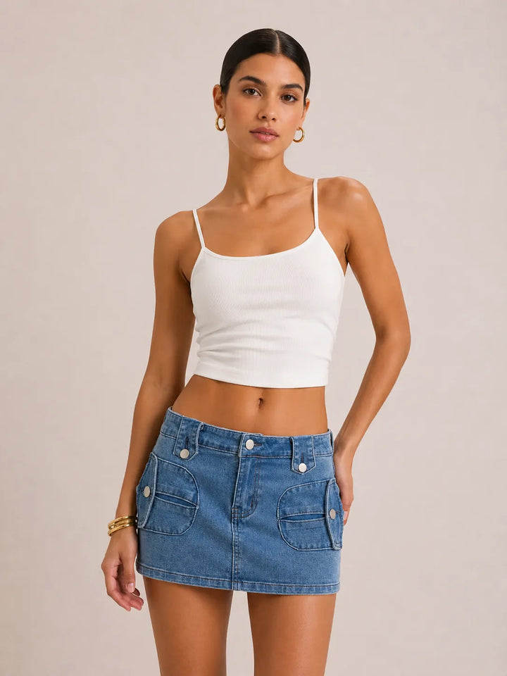 Washed Fashionable Street-Style Denim Skirt With Slant Pockets
