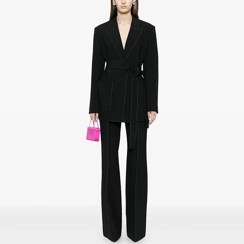Belted Blazer & Wide Leg Pants 2-Piece Black Suit Set