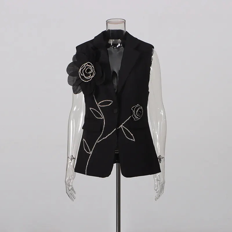 Tailored Sleeveless Blazer Vest &amp; Wide Leg Trousers 2 Piece Floral Embroidery Suit Co-ord
