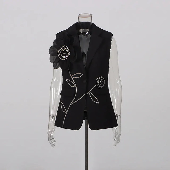 Tailored Sleeveless Blazer Vest &amp; Wide Leg Trousers 2 Piece Floral Embroidery Suit Co-ord
