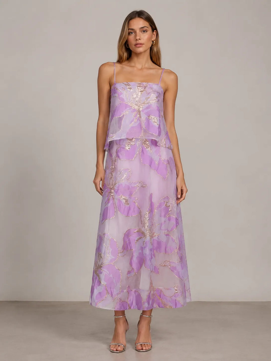 Floral Organza Spaghetti Strap Cropped Top &amp; Midi Skirt Two-Piece Set