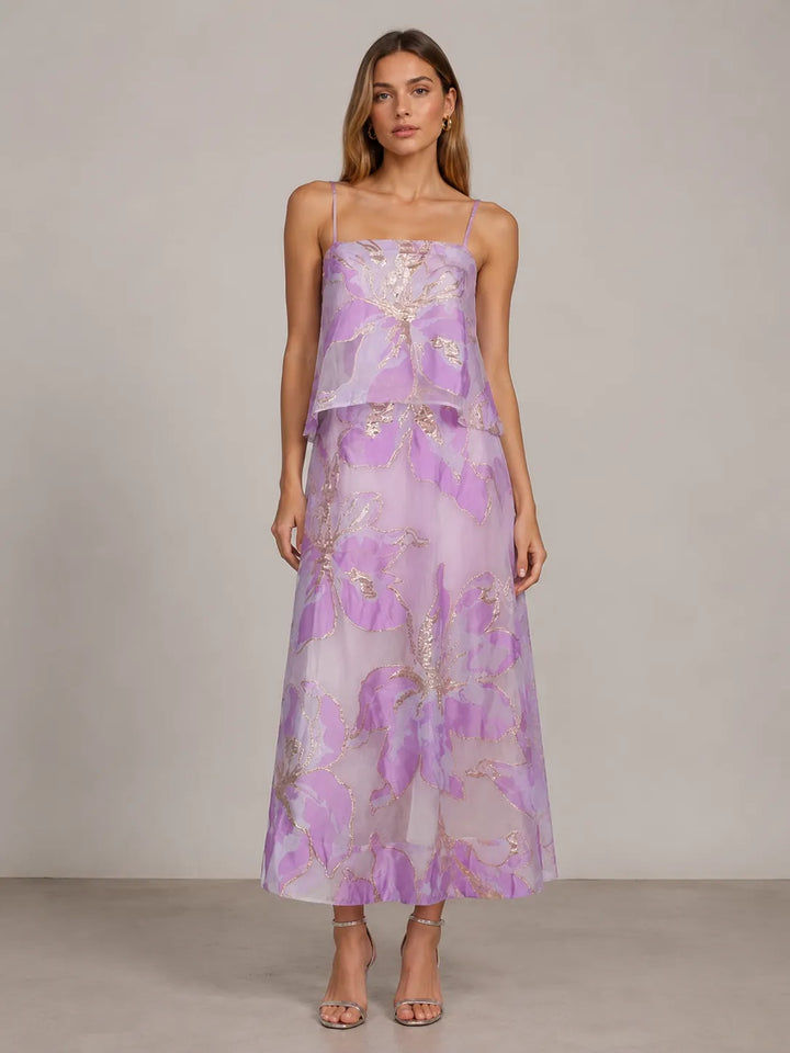Floral Organza Spaghetti Strap Cropped Top &amp; Midi Skirt Two-Piece Set