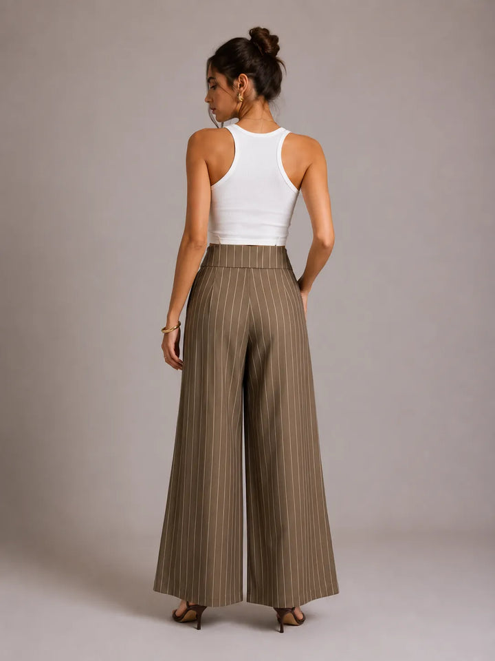 Vertical Pinstripe Turn-Down Lapel High Waist Pleated Wide Leg Tailored Pants