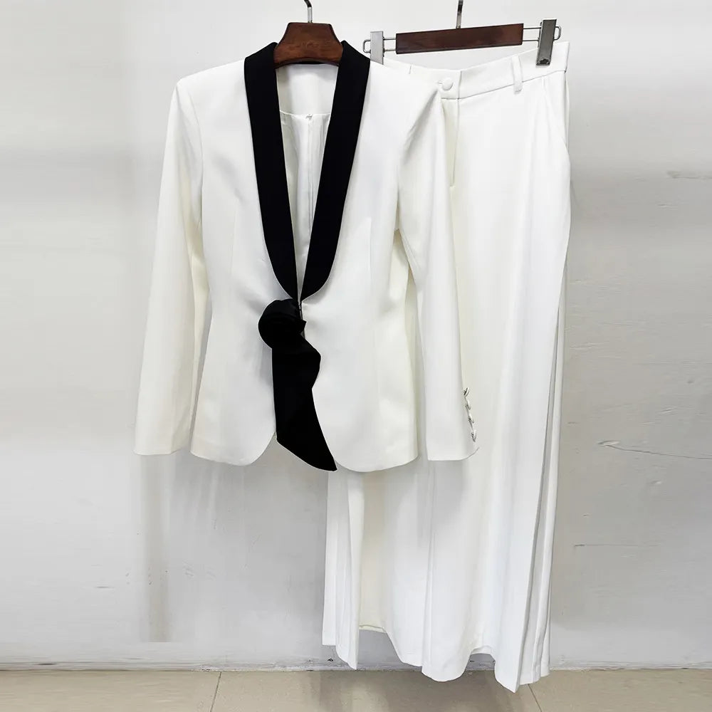 Satin Lapel 3D Floral Decor Blazer &amp; Wide Leg Floor Pants 2-Piece Suit Set