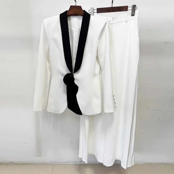 Satin Lapel 3D Floral Decor Blazer &amp; Wide Leg Floor Pants 2-Piece Suit Set