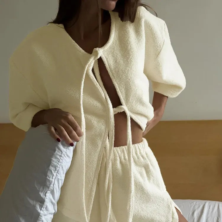 Terry Cloth Tie Front Short Sleeve Jacket &amp; Elastic Waist Casual Shorts 2-Piece Loungewear Set