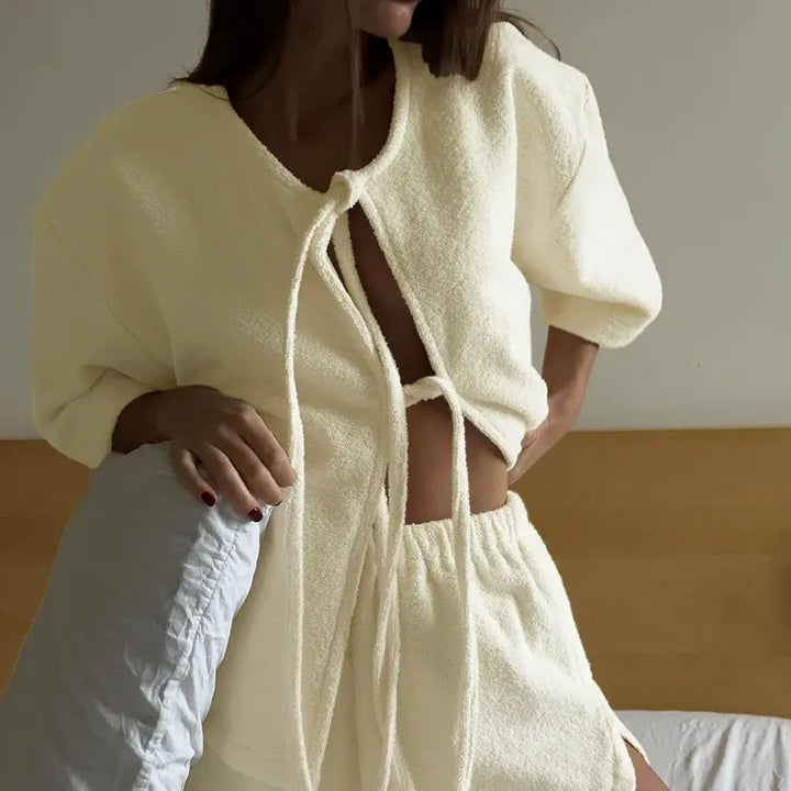 Terry Cloth Tie Front Short Sleeve Jacket &amp; Elastic Waist Casual Shorts 2-Piece Loungewear Set