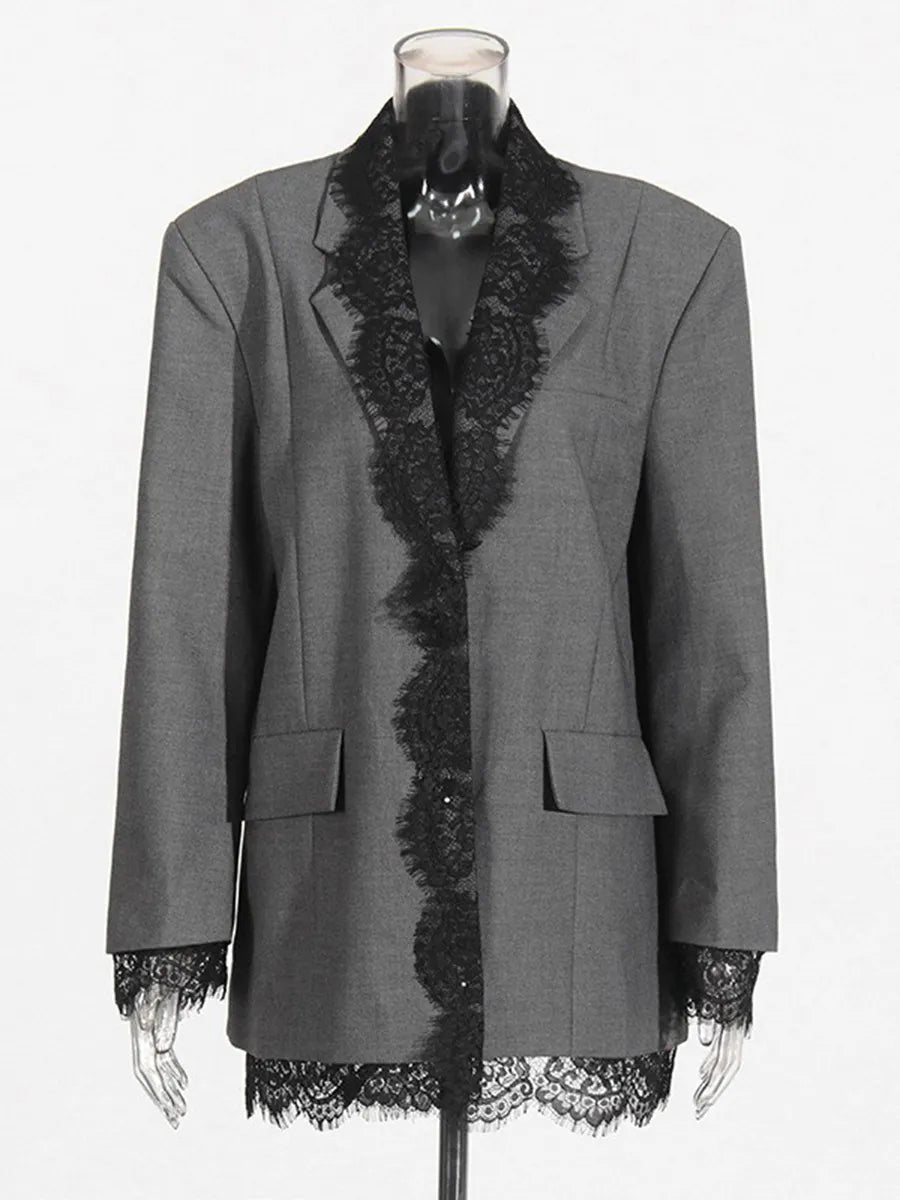 Elegant Grey Blazer Featuring A Lace-paneled Embroidered Lapel