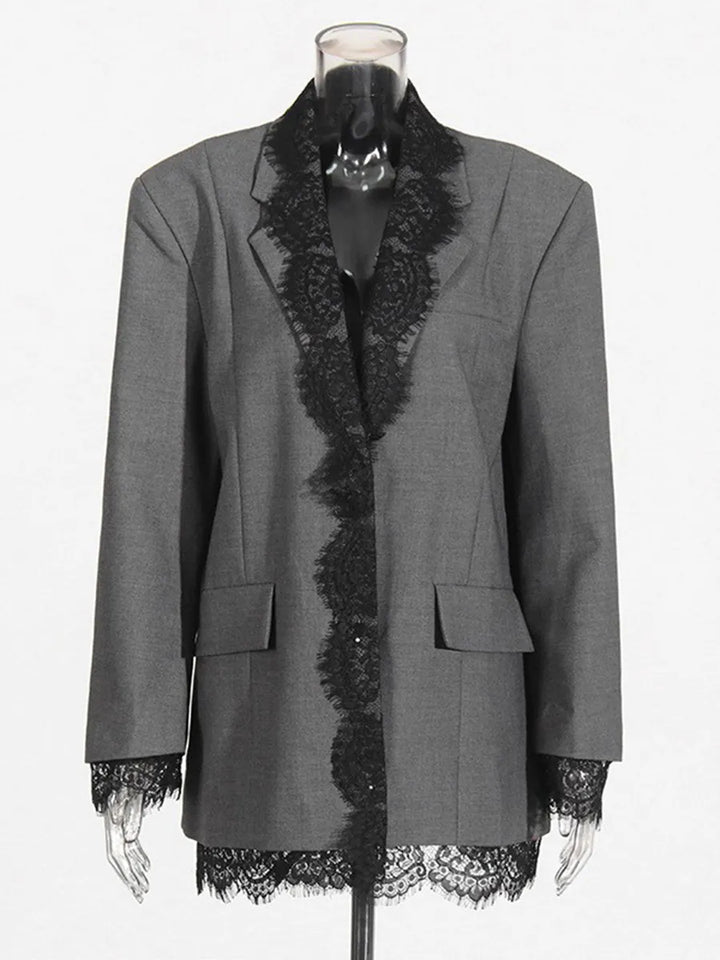Elegant Grey Blazer Featuring A Lace-paneled Embroidered Lapel