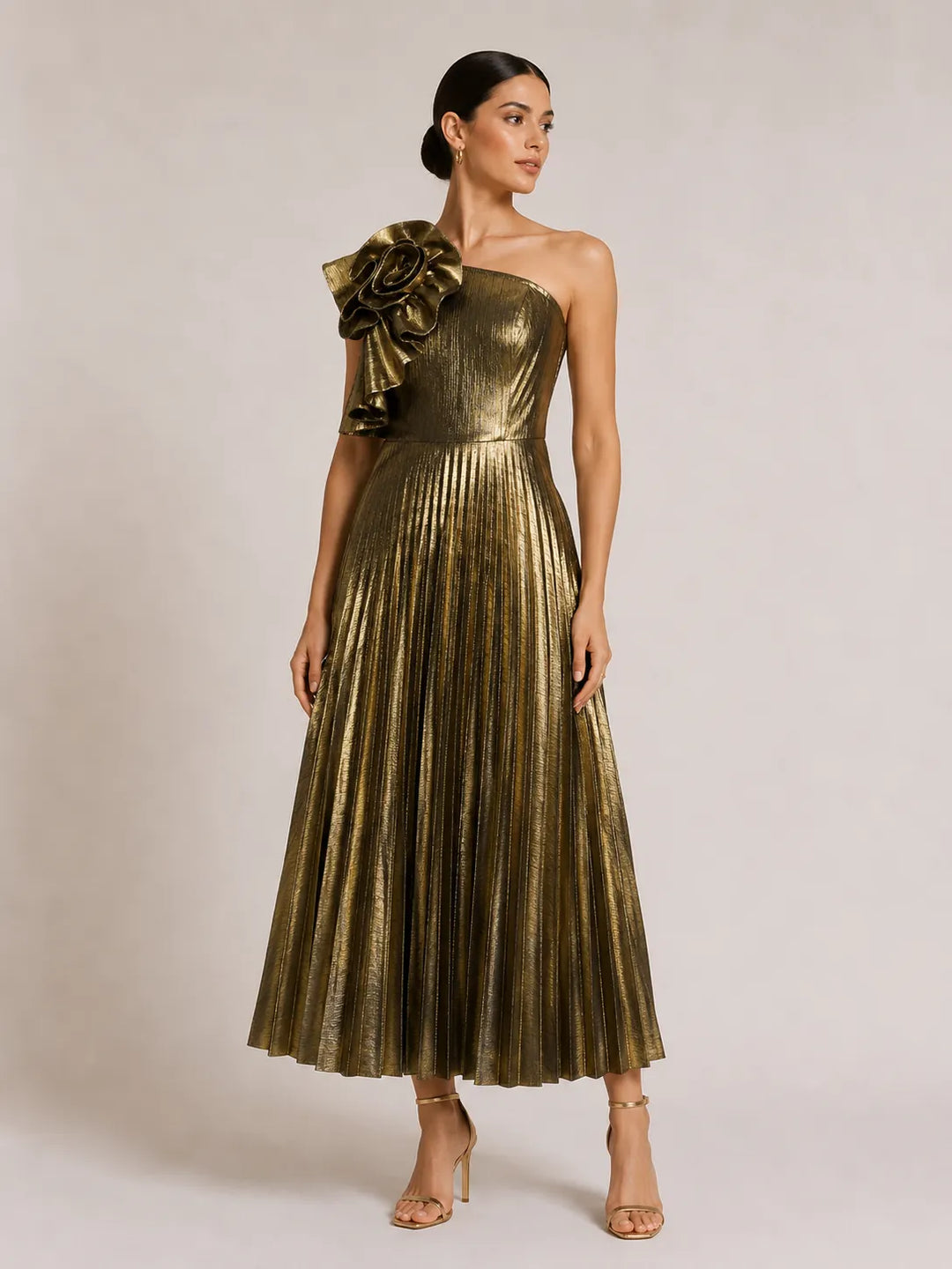 One Shoulder 3D Floral Applique Pleated Midi Evening Dress