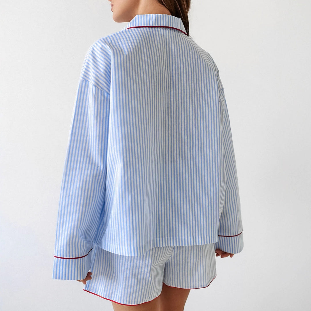 Loose-fitting Cotton Striped Contrast-color Long-sleeve Top And Shorts Pajama Set