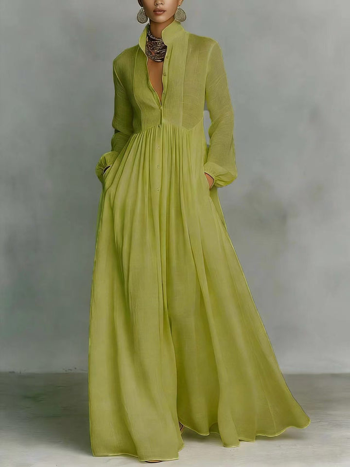 Casual Long-Sleeve Pleated Dress with Cinched Waist