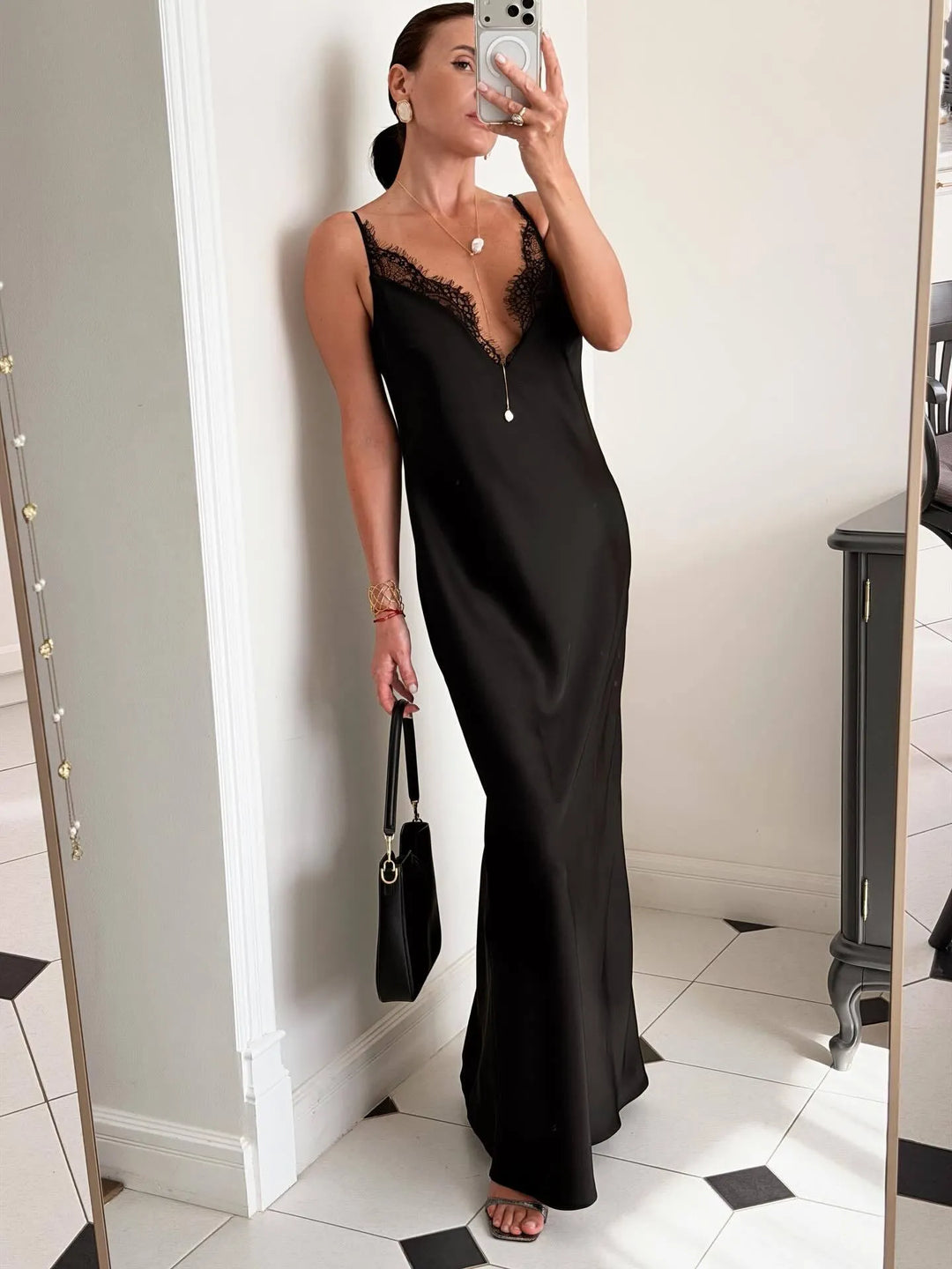 Lace Trim V-Neck Spaghetti Strap Maxi Slip Dress