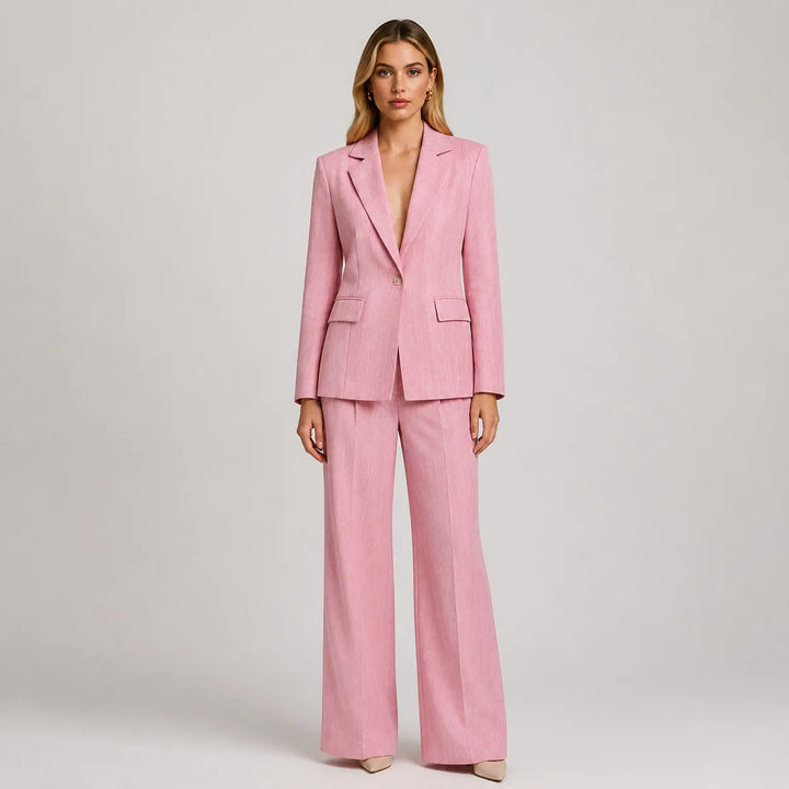 Single Button Blazer &amp; Pleated Wide Leg Pants 2-Piece Suit Set