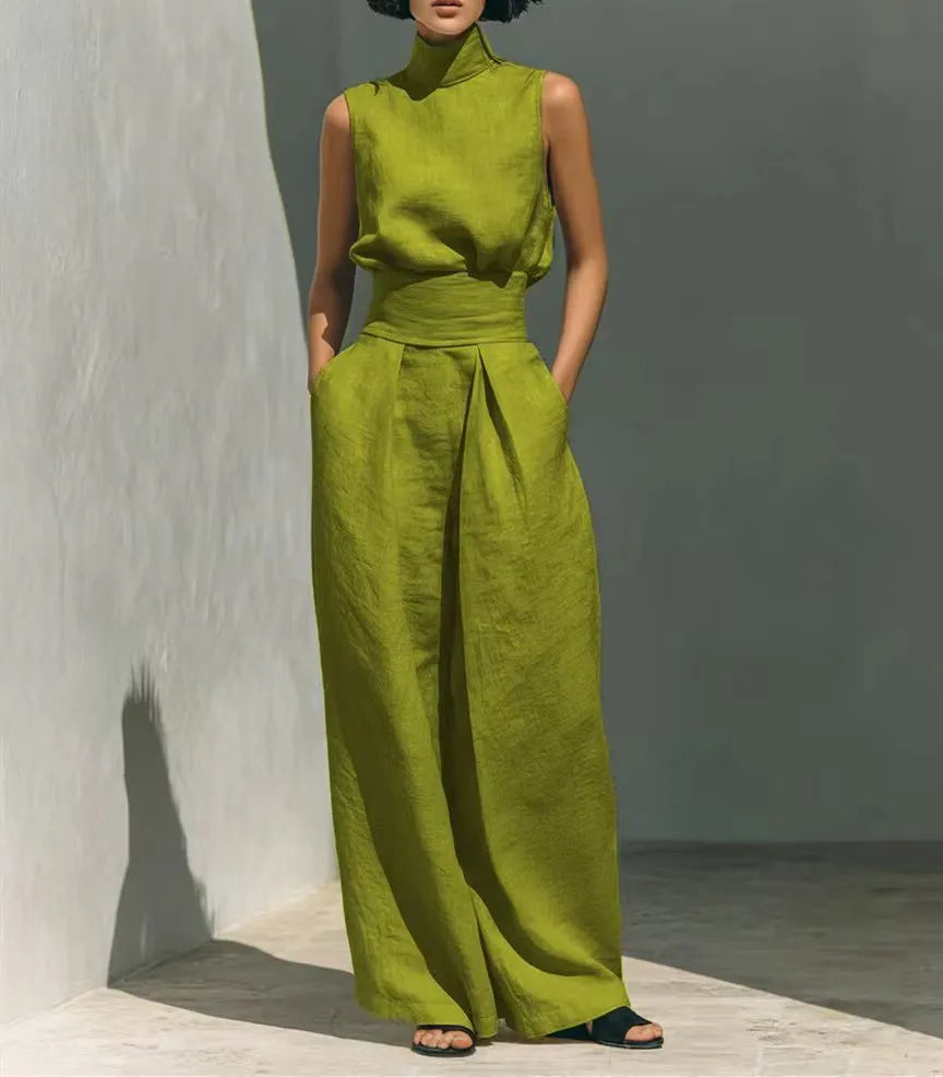 Casual Sleeveless Suit Summer Stand-up Collar Pullover Top And Loose Straight-leg Trousers